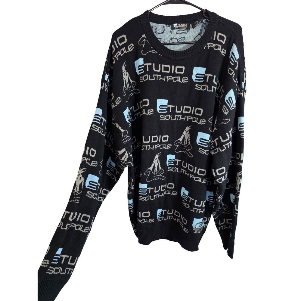 Studio by Southpole All Over Print Knit Graphic Sweater Black Blue XXXL